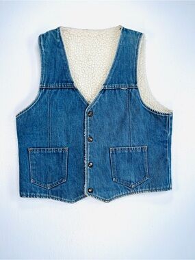 Nelson Vintage Denim Vest with Sherpa Lining Pockets Unisex Large Jean Fleece